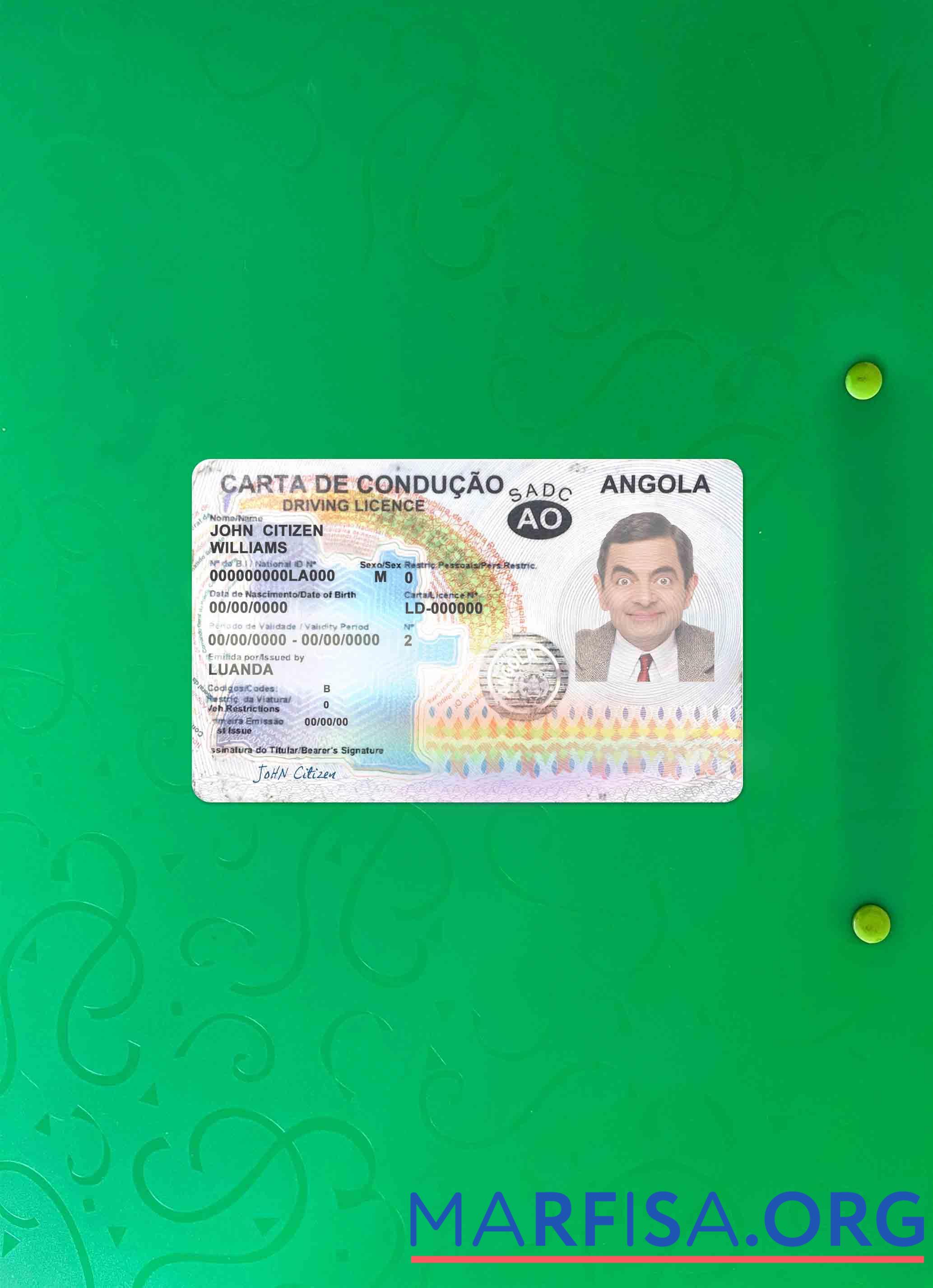 Printable Angola driving license 2018 2028 photolook download for verification